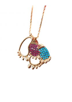 Yakut ve Turkuaz taşlı anne bebek ayağı motif gümüş kolye
