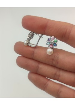 İnci ve renkli taşlarla süslü büyük çiçek motif gümüş küpe