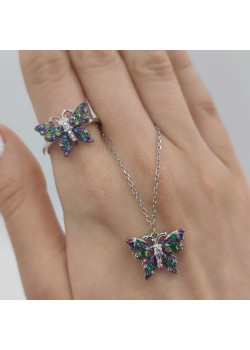 Renkli taşlarla süslü kelebek motif gümüş set