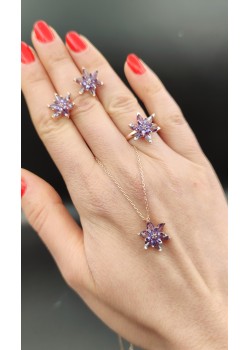 Ametist taşlı lotus çiçeği motif gümüş set 