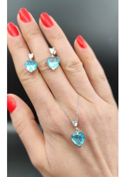 Mavi taşlı kalp motif gümüş set