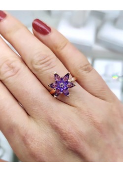 Ametist taşlı lotus çiçeği motif gümüş yüzük