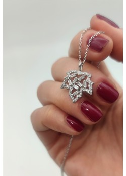 Baget taşlı çınar ağacı yaprağı motif gümüş kolye