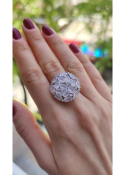 Pembe kuvars taşlı yuvarlak motif gümüş yüzük