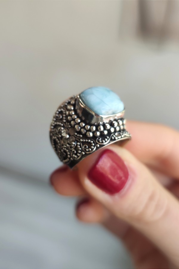 Larimar taşlı büyük boy gümüş yüzük Larimar taşlı büyük boy gümüş yüzük