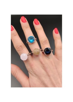 İri yuvarlak lab topaz, safir ve rutil kuvars taşlı gümüş yüzük serisi