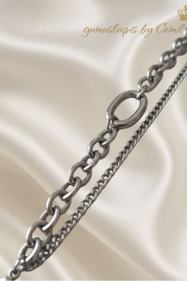 Kendinden İkili Ortası İri Oval Motif Cerrahi Çelik Bileklik