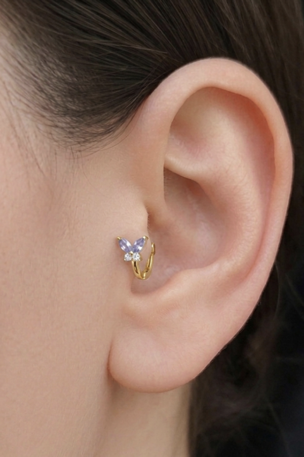 Tragus Bölgesi İçin Kelebek Motif Çelik Halka Küpe (adet)-SARI