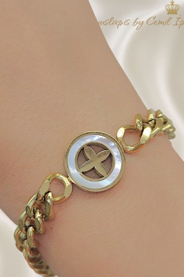 316 L Cerrahi Çelik Ortası Sedef Sarı Bileklik