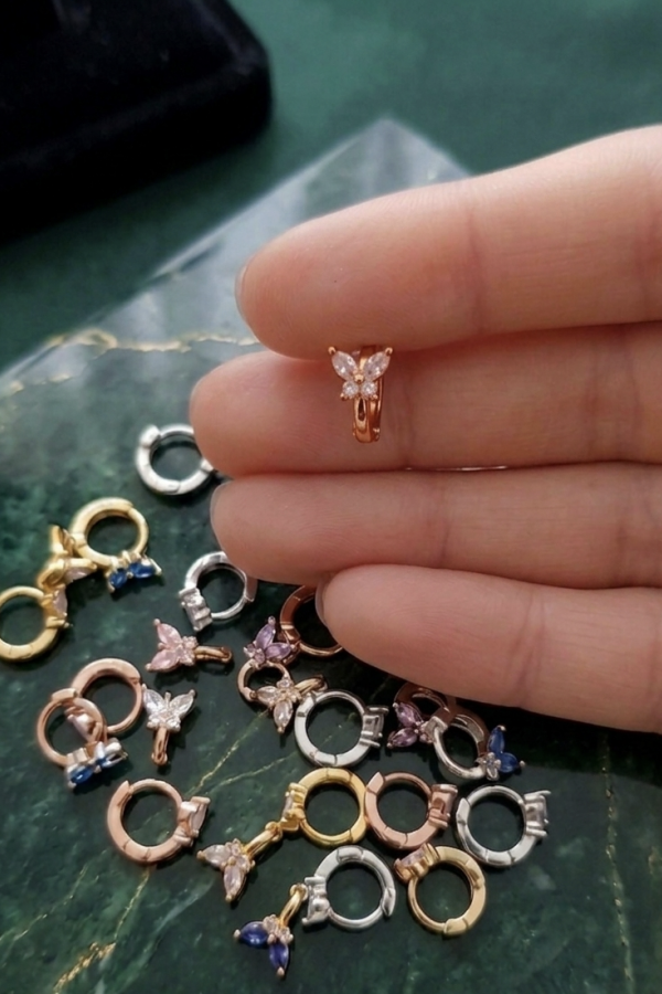 Tragus Bölgesi İçin Kelebek Motif Çelik Halka Küpe (adet)-ROSE