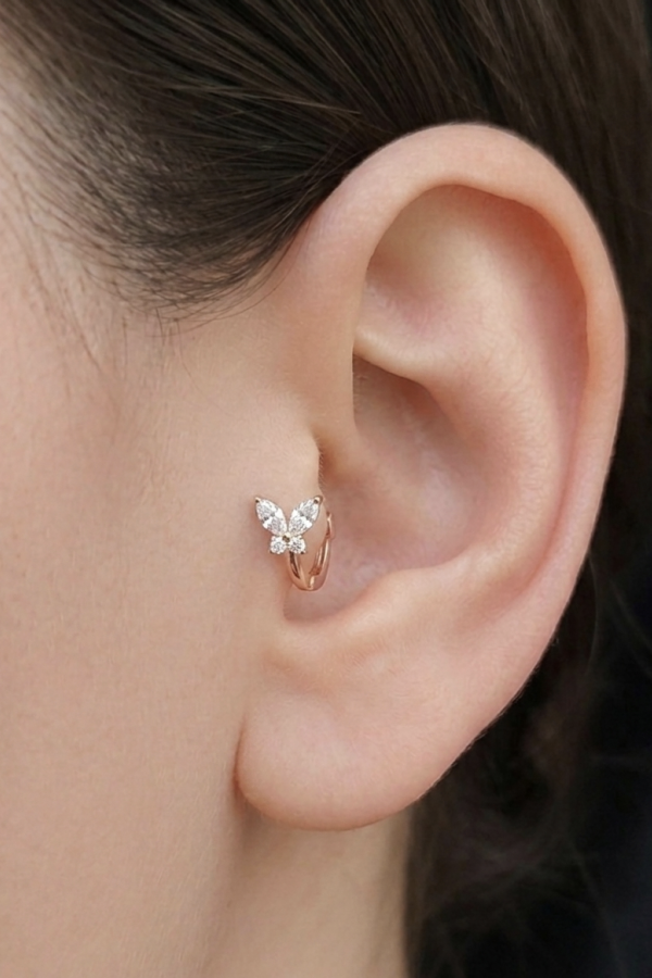 Tragus Bölgesi İçin Kelebek Motif Çelik Halka Küpe (adet)-ROSE
