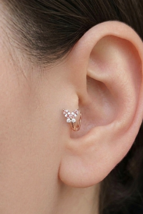 Tragus Bölgesi İçin Kelebek Motif Çelik Halka Küpe (adet)-ROSE