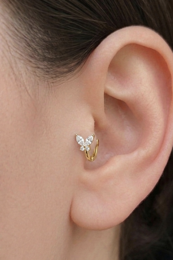 Tragus Bölgesi İçin Kelebek Motif Çelik Halka Küpe (adet)-SARI