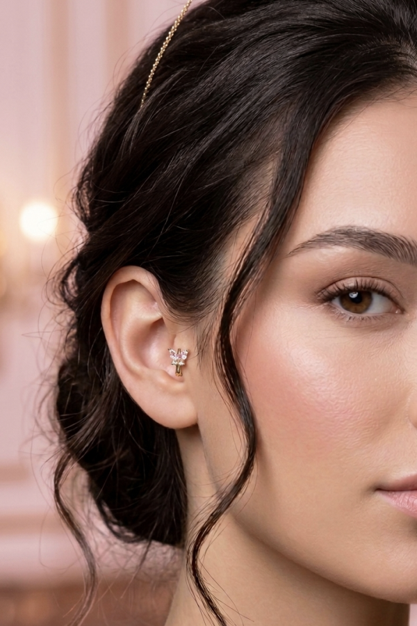 Tragus Bölgesi İçin Kelebek Motif Çelik Halka Küpe (adet)-SARI