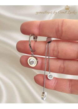 Bir Tarafı Sallantılı Diğer Tarafı Yarım Halka Çelik Küpe Çifti 