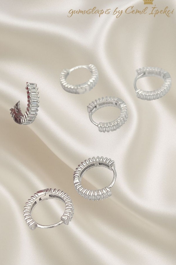 1 Numara Baget Taşlı Gümüş Halka Küpe Çifti