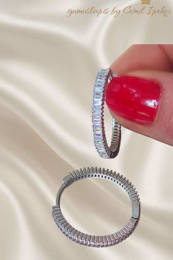 3 Numara Baget Taşlı Gümüş Halka Küpe Çifti