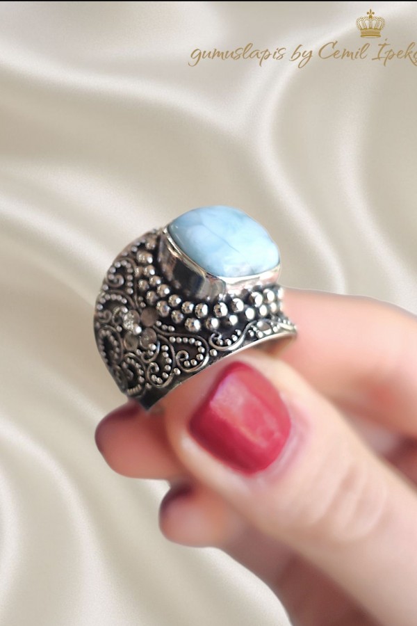 Larimar Taşlı Büyük Boy Gümüş Yüzük