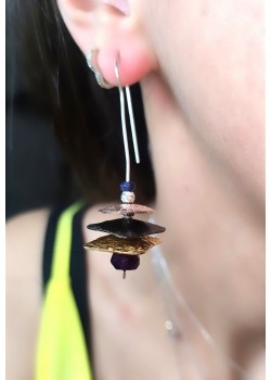 Ametist Taşlı Üç Renkli Plaka Gümüş Küpe Çifti 