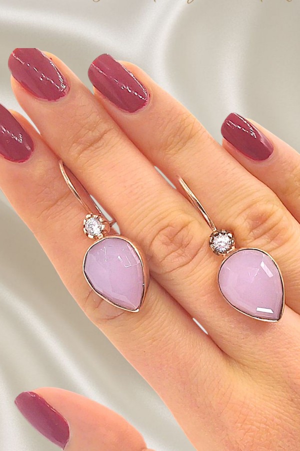 Pembe Kuvars Taşlı Gümüş Küpe Çifti 