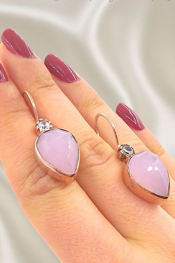 Pembe Kuvars Taşlı Gümüş Küpe Çifti 