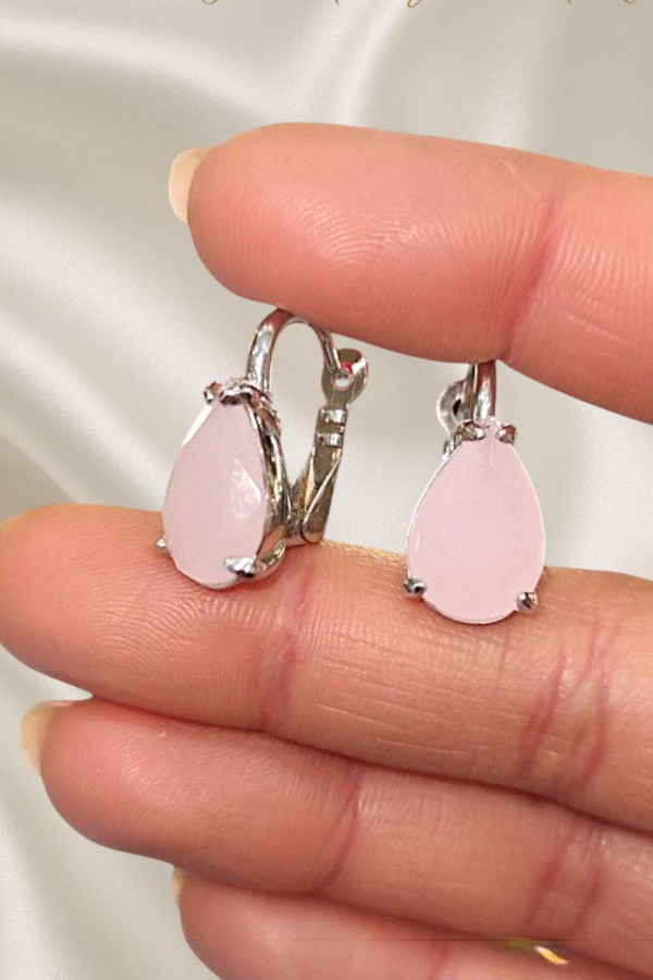 Damla Motif Pembe Kuvars Gümüş Küpe Çifti