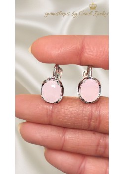 Oval Motif Pembe Kuvars Gümüş Küpe Çifti