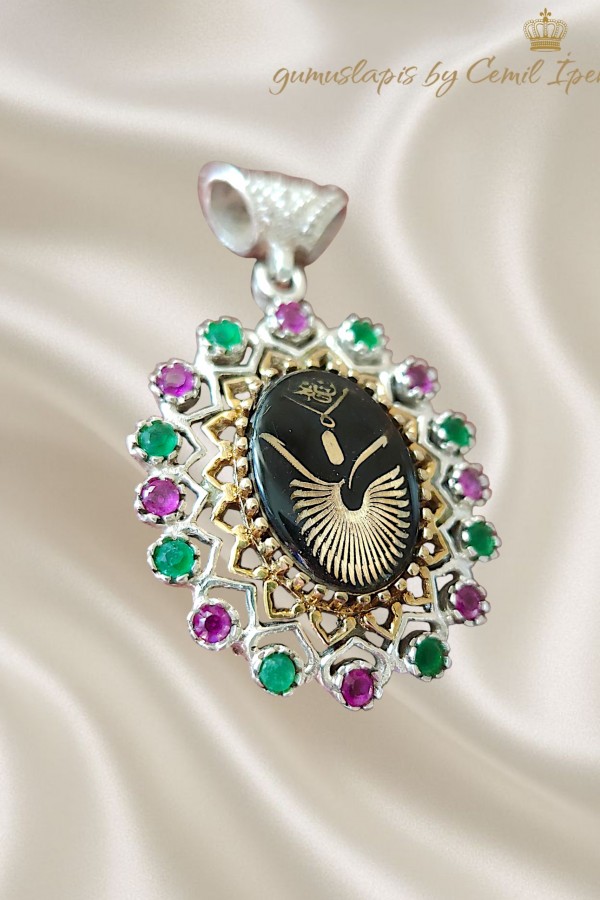 Yakut ve Zümrüt Taşlı Semazen Desen Gümüş Kolye Ucu 