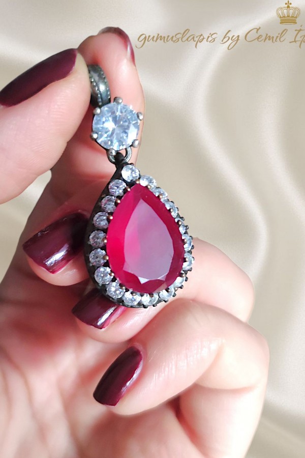 Yakut ve Zirkon Taşlı Gümüş Kolye Ucu