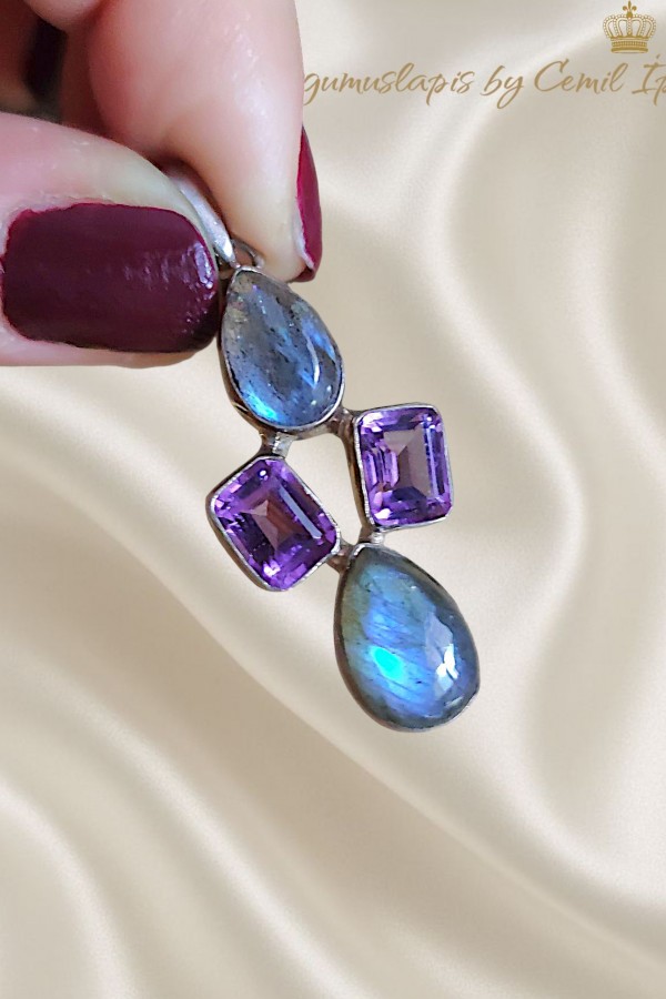 Ametist ve Labradorit Taşlı Gümüş Kolye Ucu 