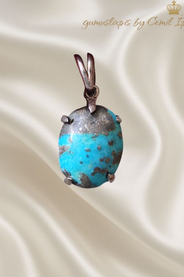 Mavi Turkuaz Taşlı Gümüş Kolye Ucu