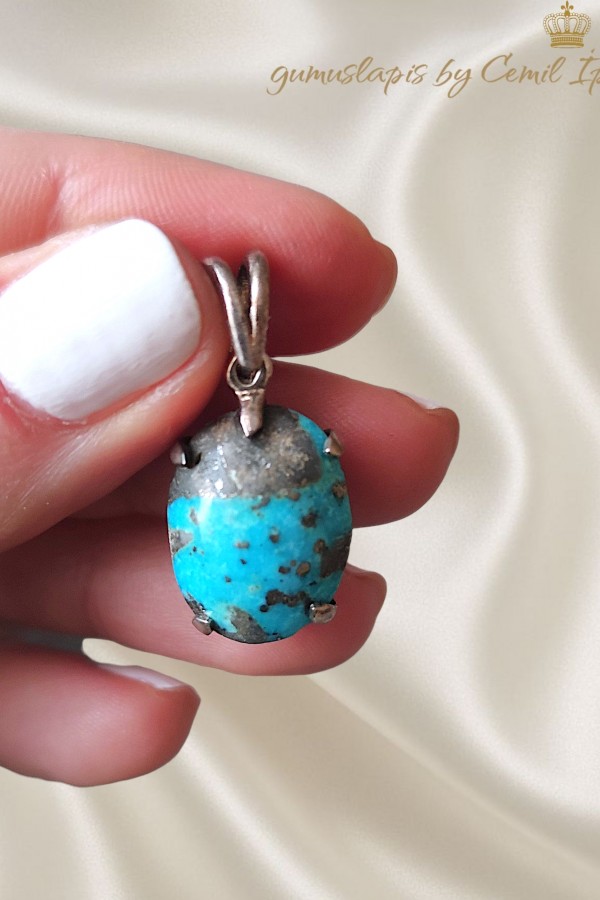 Mavi Turkuaz Taşlı Gümüş Kolye Ucu