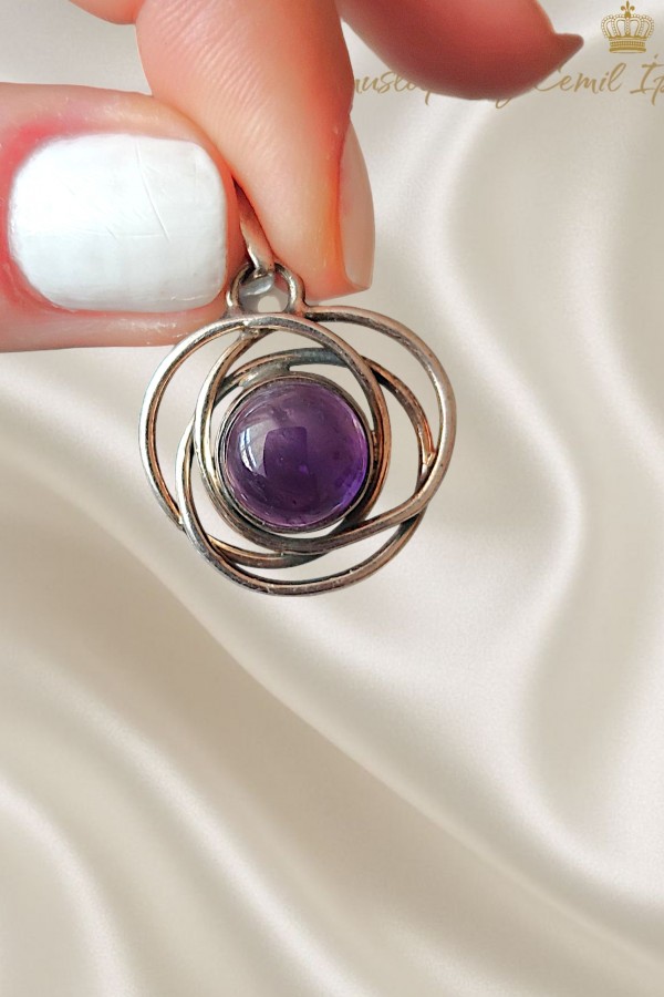 Ametist Taşlı Yuvarlak Motif Gümüş Kolye Ucu