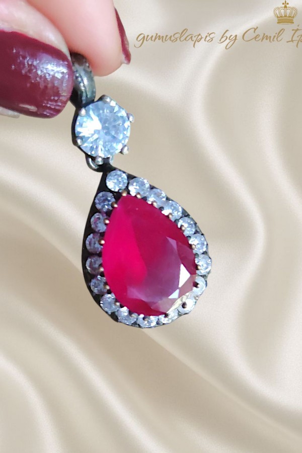 Yakut ve Zirkon Taşlı Gümüş Kolye Ucu