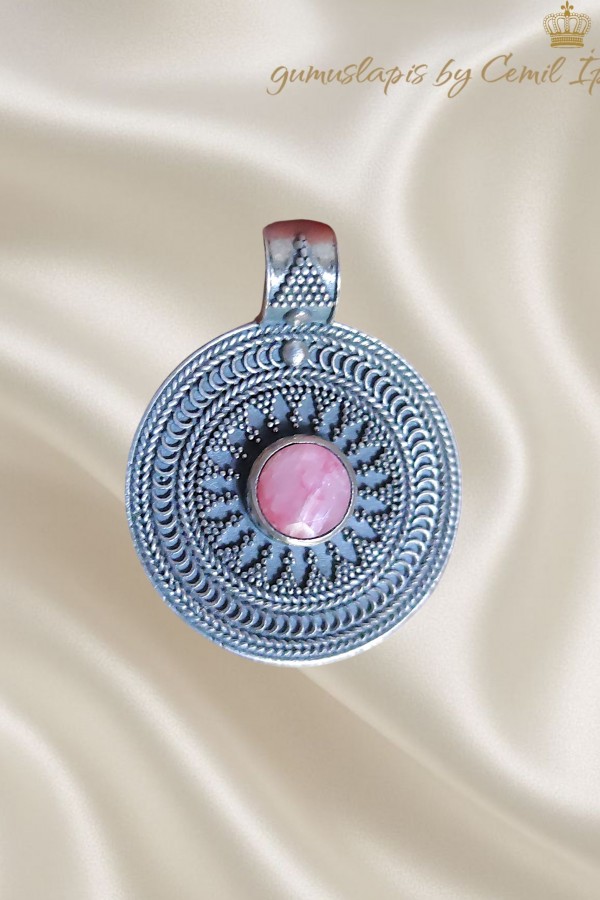 Yakut Taşlı Yuvarlak Motif Gümüş Kolye Ucu 