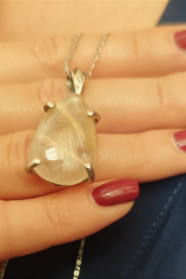 Rutil Kuvars Taşlı Gümüş Kolye Ucu 