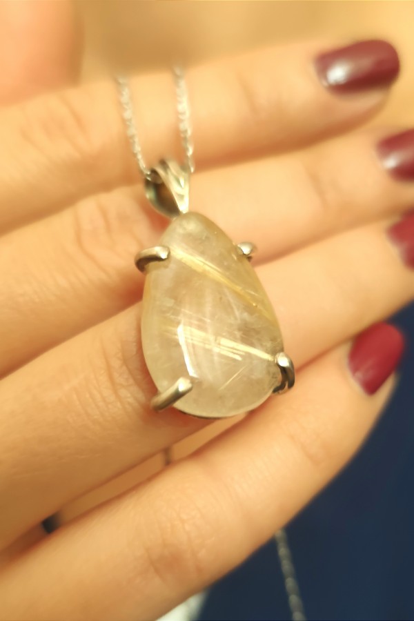 Rutil Kuvars Taşlı Gümüş Kolye Ucu 