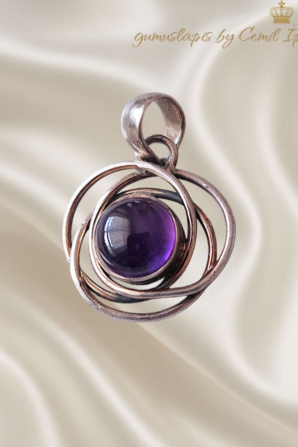Ametist Taşlı Yuvarlak Motif Gümüş Kolye Ucu