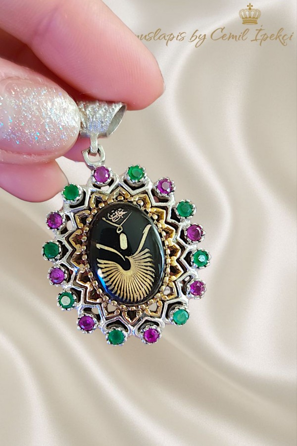 Yakut ve Zümrüt Taşlı Semazen Desen Gümüş Kolye Ucu 