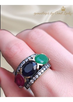 Yakut Onix ve Zümrüt Taşlı Gümüş Yüzük 