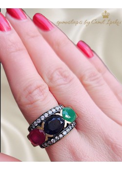 Yakut Onix ve Zümrüt Taşlı Gümüş Yüzük 