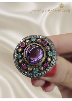 Yakut Zümrüt ve Ametist Taşlı Gümüş İri Yüzük