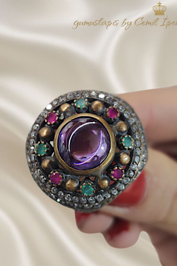 Yakut Zümrüt ve Ametist Taşlı Gümüş İri Yüzük