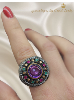Yakut Zümrüt ve Ametist Taşlı Gümüş İri Yüzük