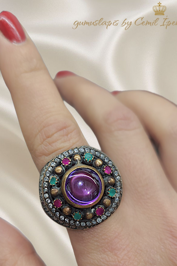 Yakut Zümrüt ve Ametist Taşlı Gümüş İri Yüzük