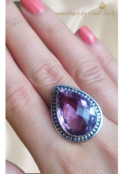 Ametist Taşlı İri Damla Motif Gümüş Yüzük 