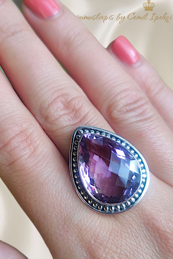 Ametist Taşlı İri Damla Motif Gümüş Yüzük 