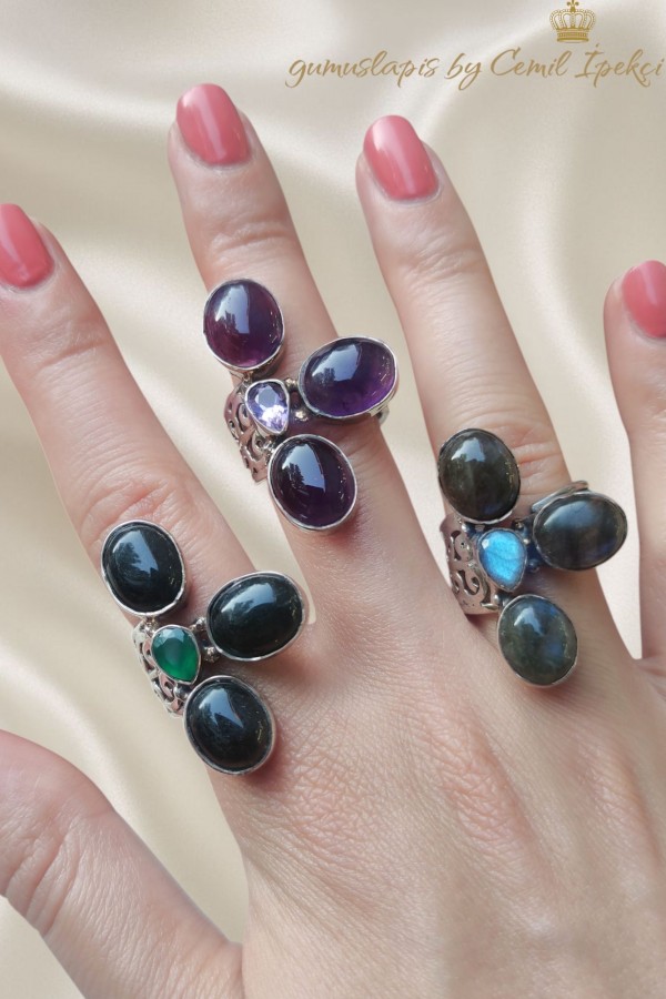 Akik, Ametist ve Labradorit Taşlı Gümüş Yüzük Serisi 