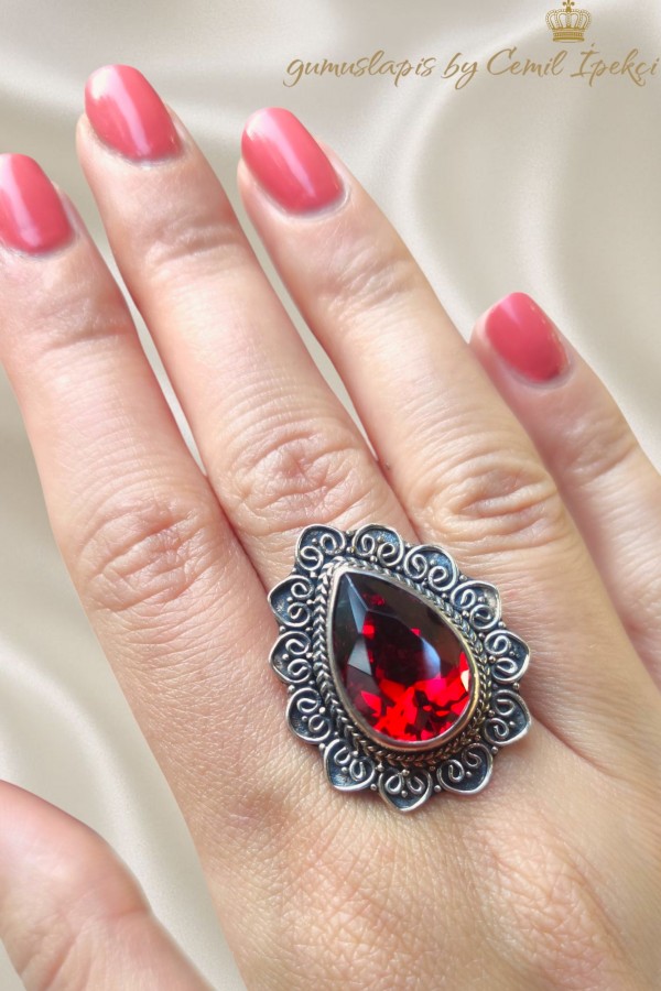Lal Taşlı Gümüş Yüzük 
