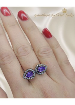 İkili Ametist Taşlı Mini Gümüş Yüzük 